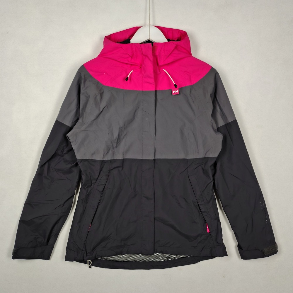 Helly Hansen Womens Rain Jacket Pink Grey Black Hooded Colorblock Windbreaker
